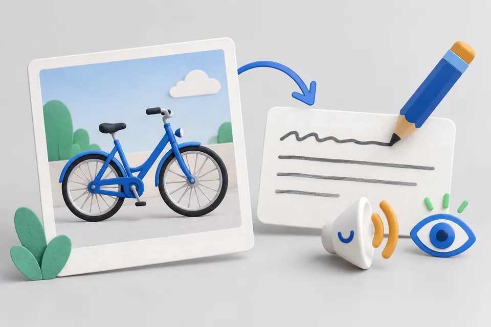 A picture card is connected to a described text field; an eye and a loudspeaker stand for accessible content.