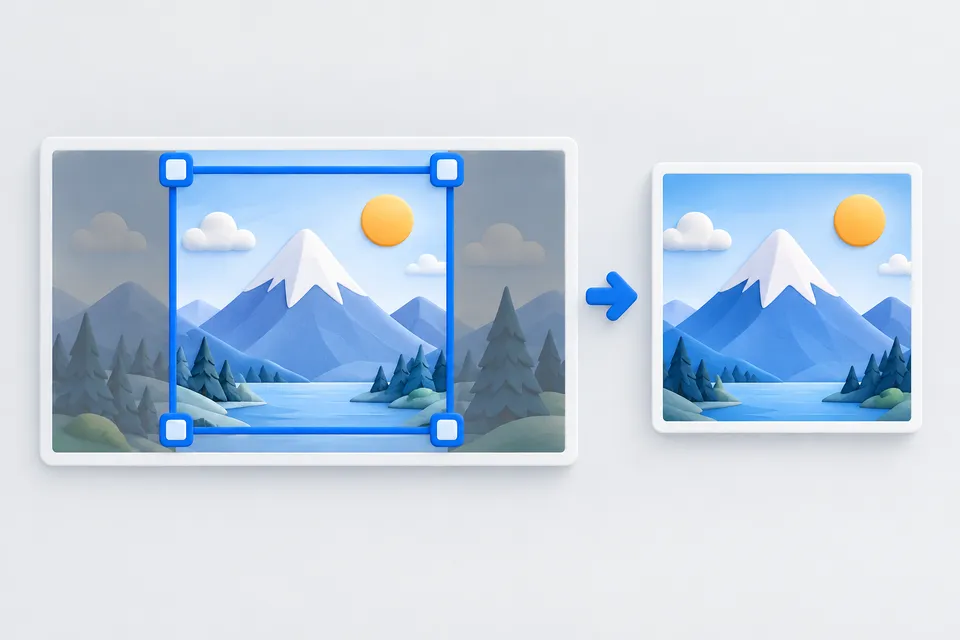 A frame selects the desired square image section from a wide landscape.