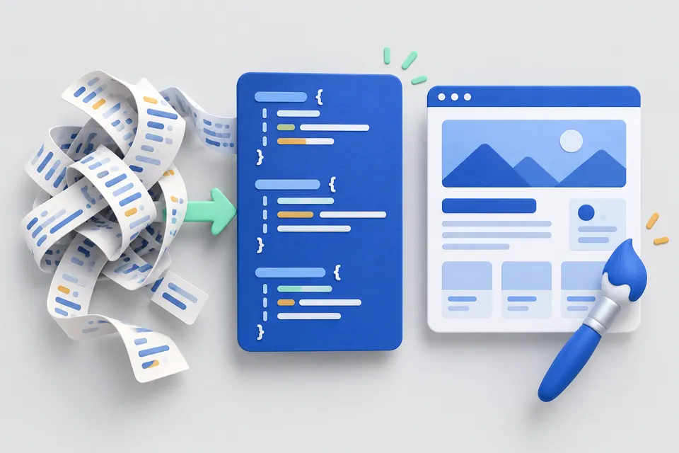 Unordered style rules become structured blocks of source text next to a designed website.
