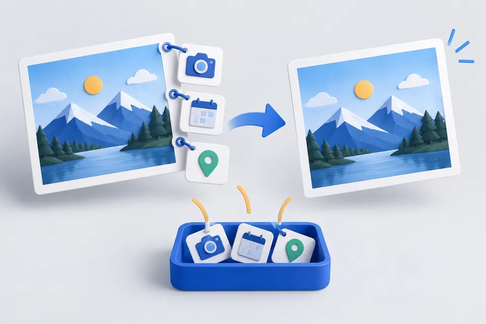 Camera, calendar and location details are solved by a photo card; the photo is preserved.