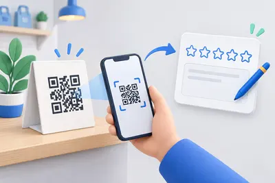 Ein QR-Aufsteller führt vom Smartphone direkt zu einer Bewertungskarte mit Sternen.
