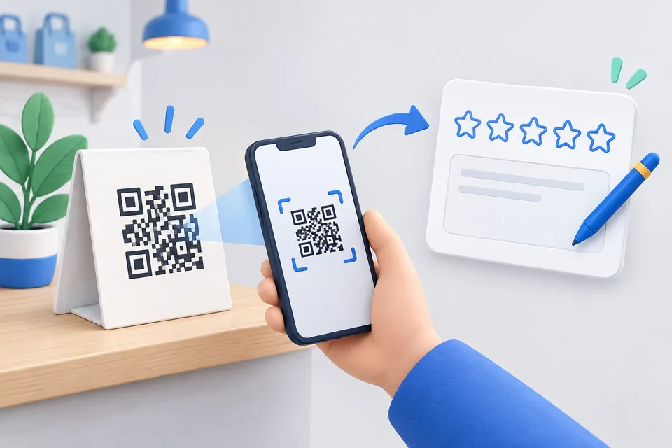 A QR display leads from the smartphone directly to a rating card with stars.
