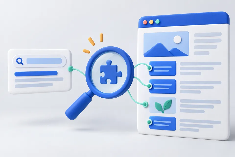 A search card and the corresponding content components of a website are connected by a magnifying glass.