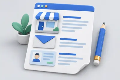 Eine Unternehmenskarte, ein Kontaktumschlag und ein Gebäude werden in einem Website-Dokument zusammengeführt.