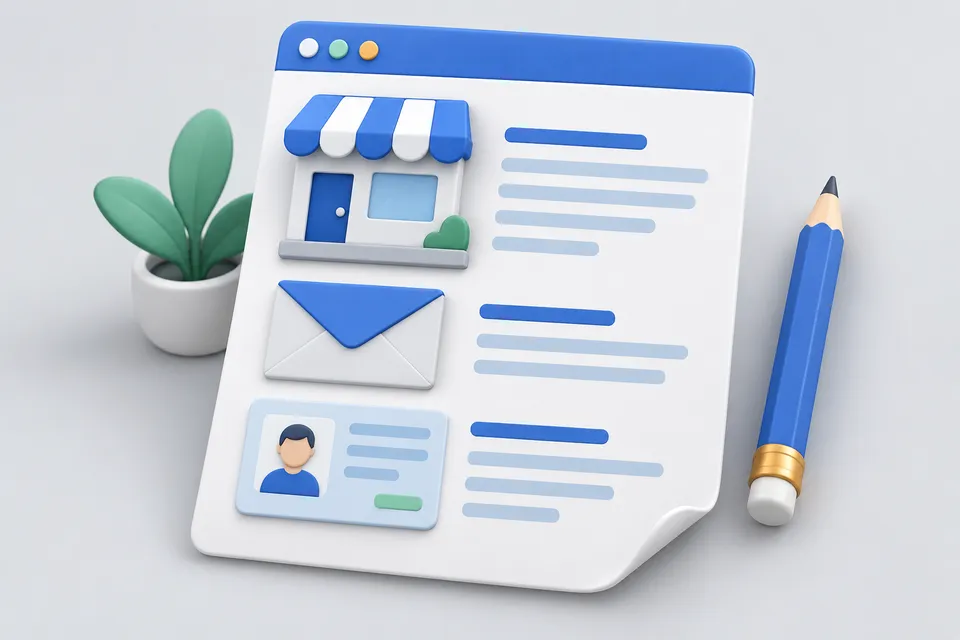 A business card, a contact envelope and a building are merged into one website document.