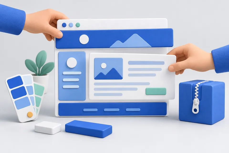 Website building blocks, colors and module positions are assembled into a finished page template.