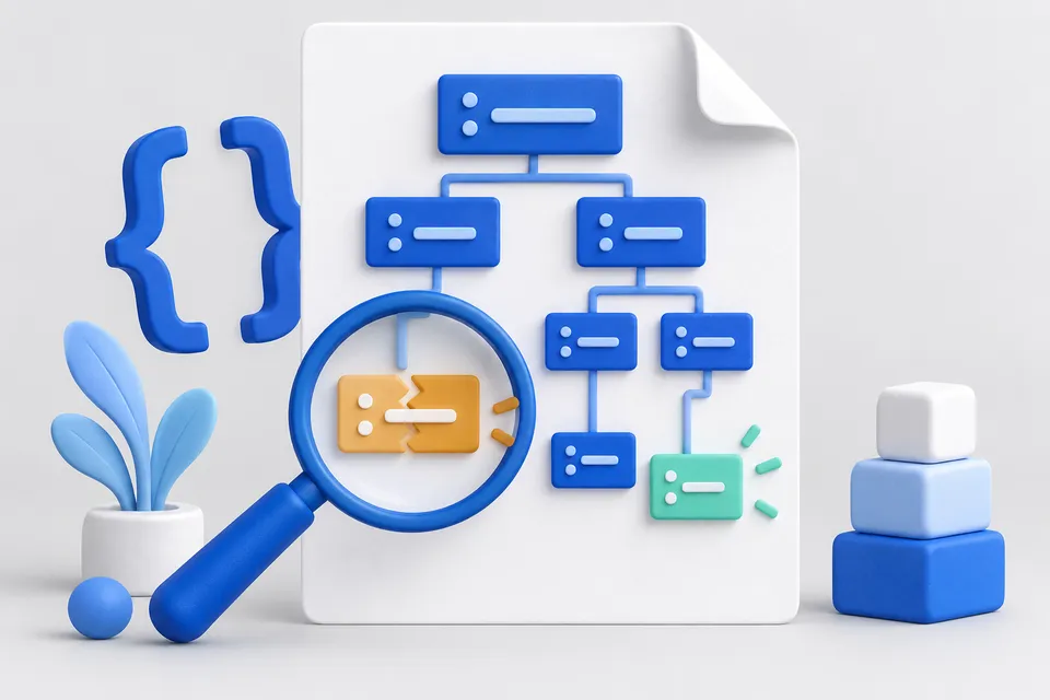 Nested data is represented as an ordered tree; a defective location is marked with a magnifying glass.