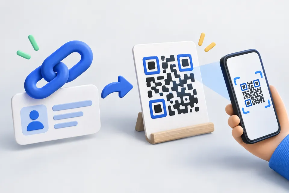 A content card becomes a QR code on a display that a smartphone scans.