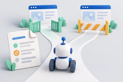 Ein Website-Bot steht vor zwei Wegen: Ein Weg ist freigegeben, der andere durch eine Schranke gesperrt.