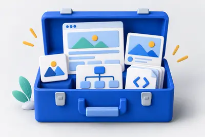 Aus einer Website-Karte entsteht eine Box mit Symbol, Seitendaten und Website-Dateien.