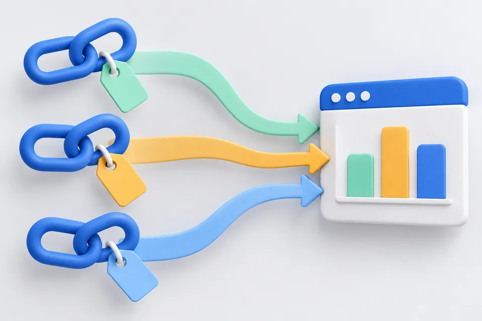 Links from various campaigns are given color markings and run together in an evaluation diagram.